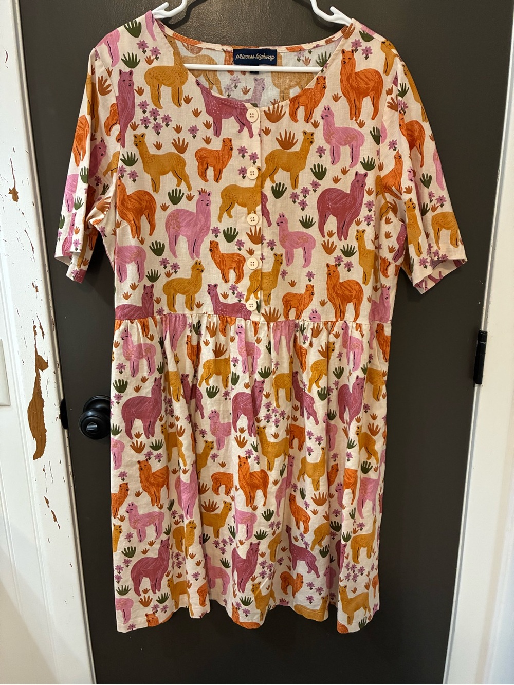 CUTE!! Princess Highway Pink and Orange Smiling Llama Cotton Linen Mini Dress!